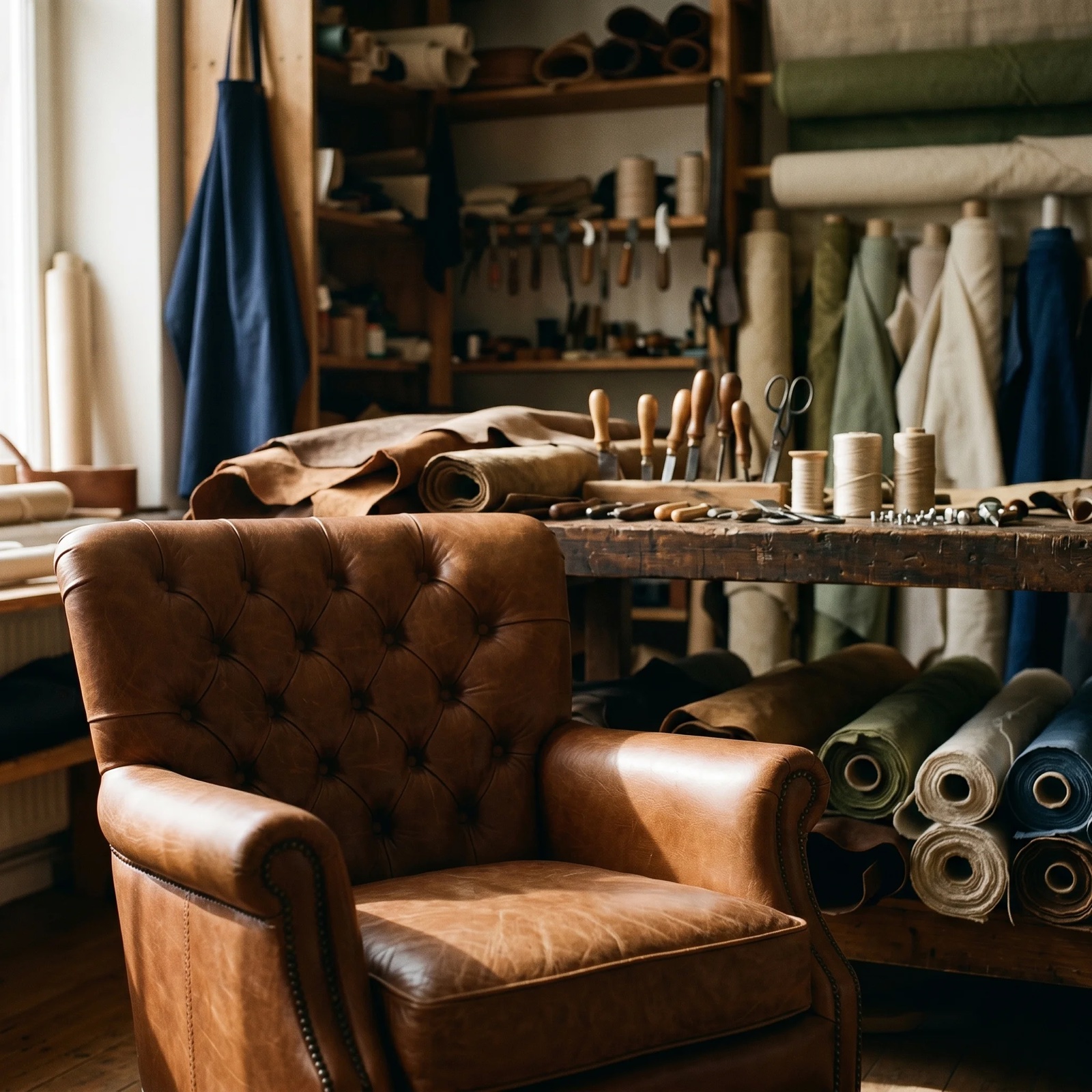 Tapicera — a leather armchair in the upholstery atelier among fabric rolls and hand tools