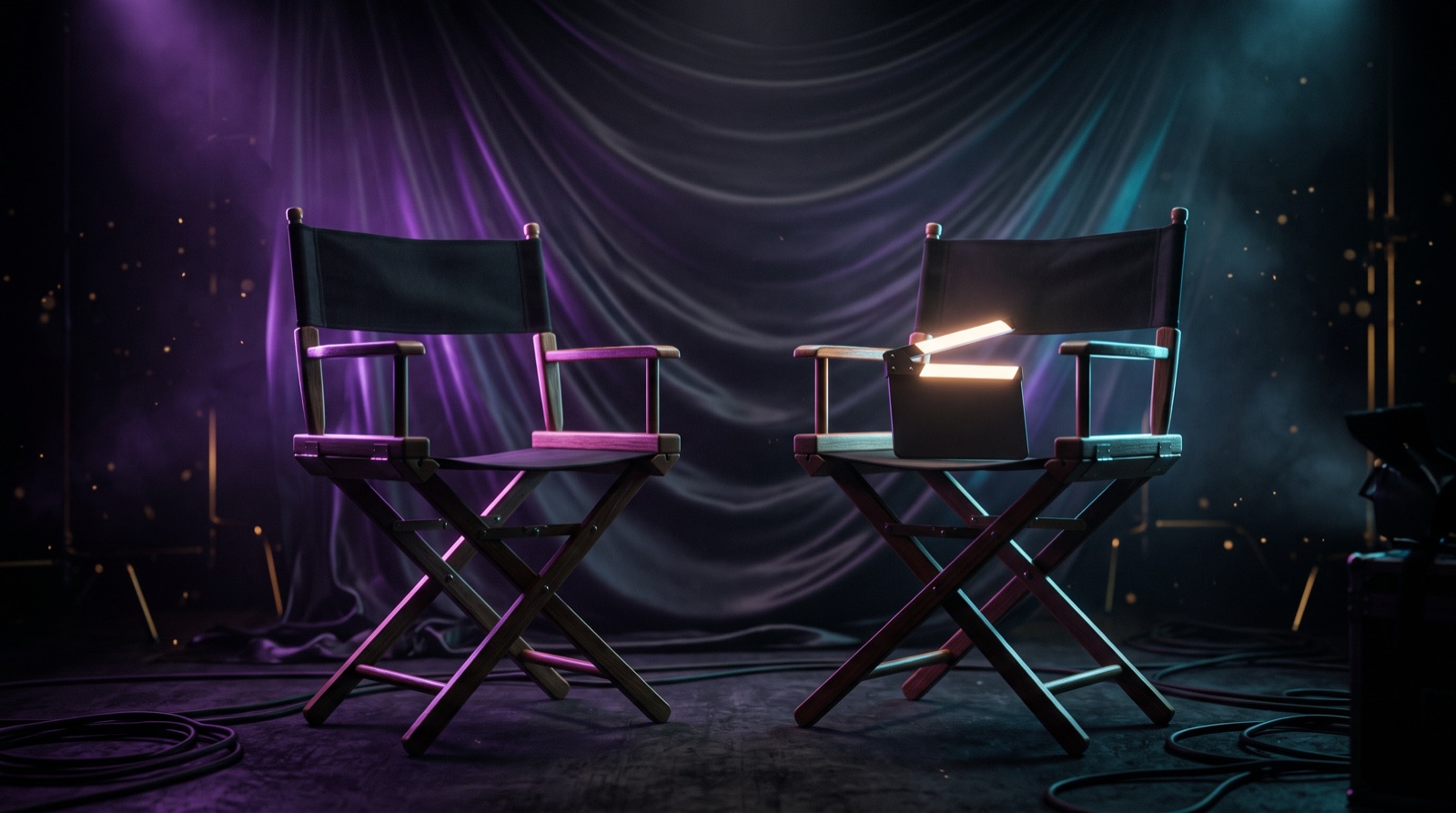 Illustration: two director chairs on a dark film set, rim-lit violet and cyan